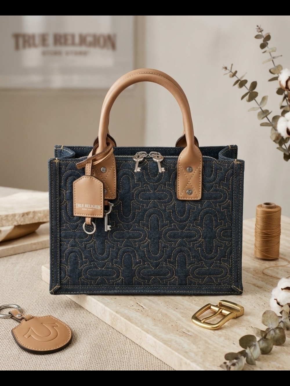 True Religion Dark Denim Satchel with Tan Leather Handles